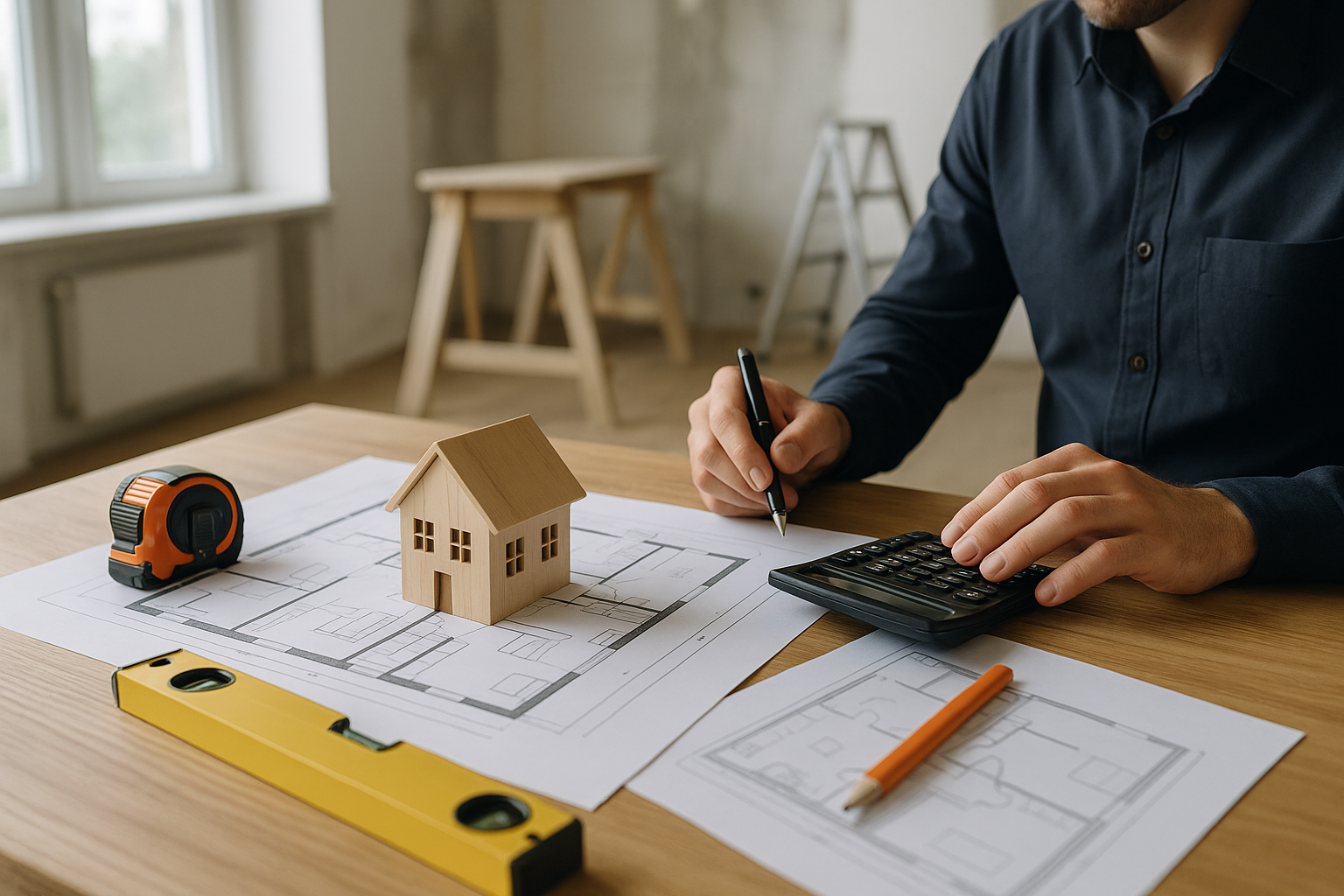 Tavolo con planimetrie e strumenti da lavoro in un appartamento in ristrutturazione