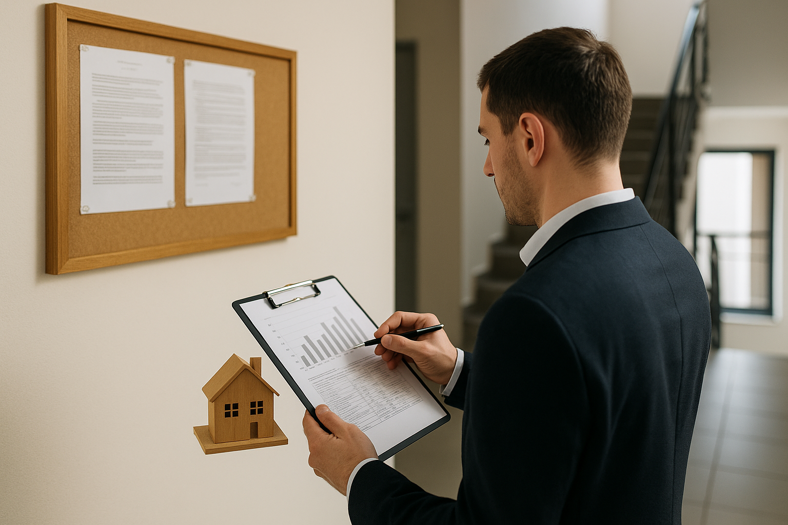 Scale condominiali e bacheca con comunicazioni dell'amministratore